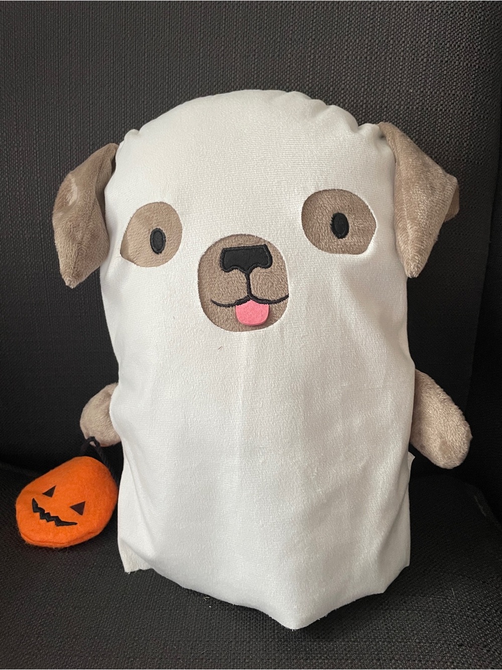 Target Halloween Plush Dog Pillow in White and Brown with Orange Pumpkin Accent